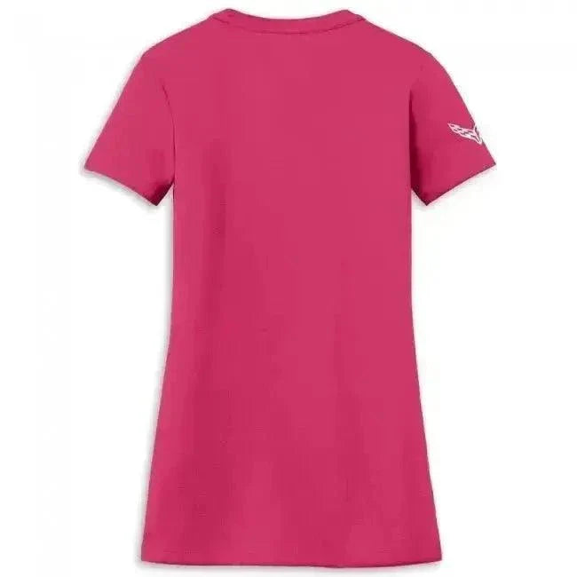 Women's pink C8 Corvette T-shirt with sleek sports car logo