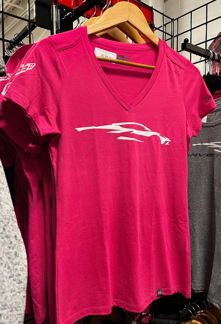 Pink women's tee with C8 Corvette graphic – casual automotive apparel