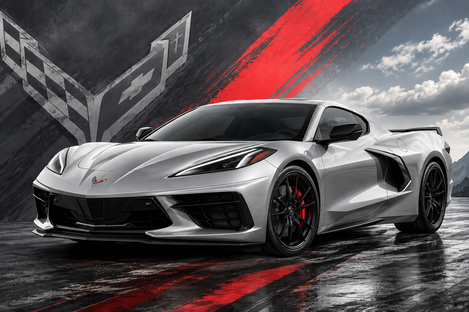 Corvette Men's Apparel showcasing a classic silver C8 Corvette 