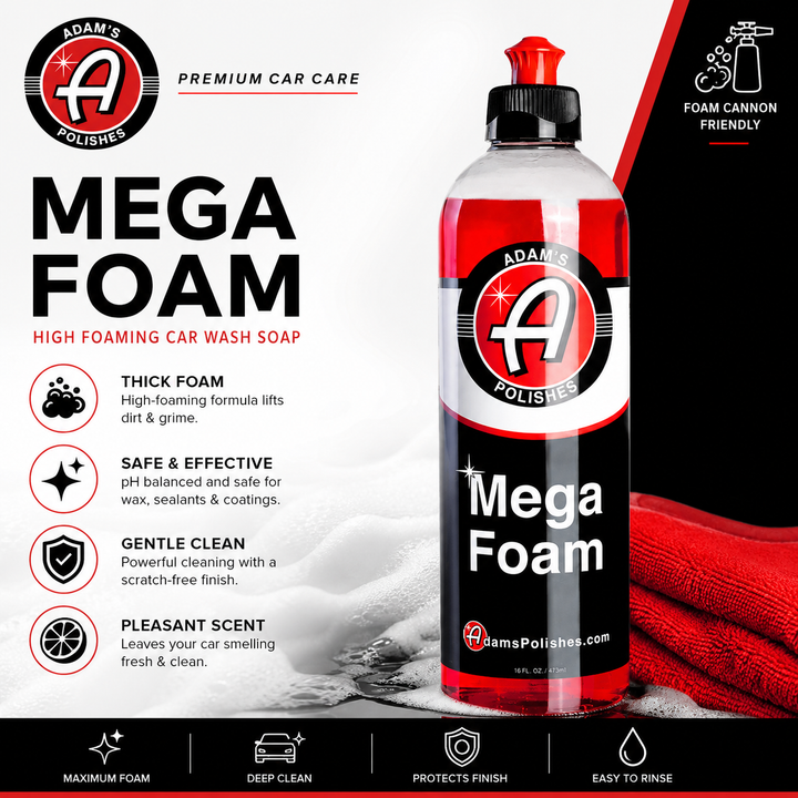 Bottle of Adam's Polishes Mega Foam car wash soap with product details on a white background