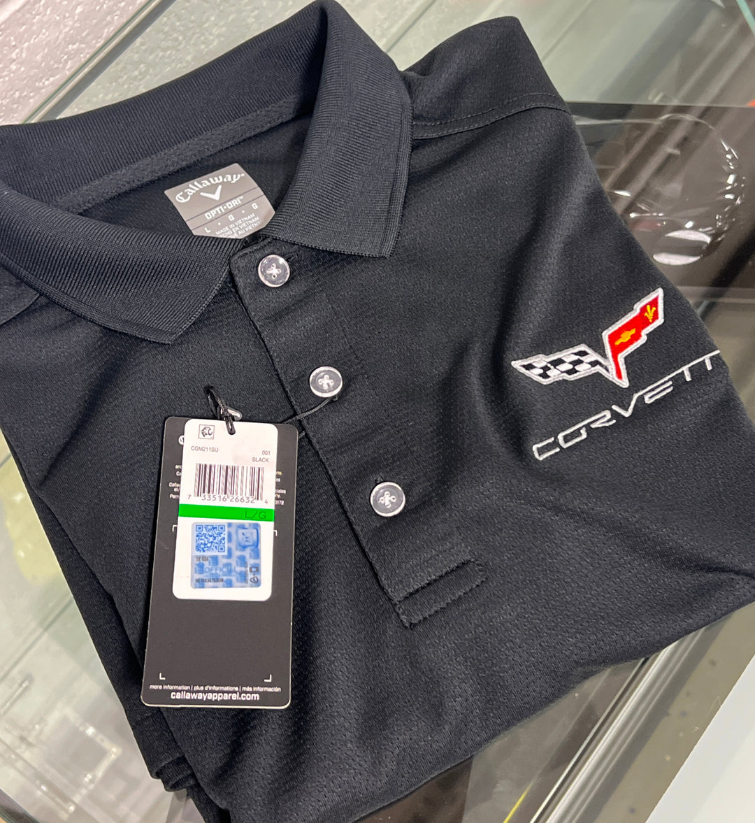 Black men's polo shirt featuring Corvette C6 and Team Lingenfelter branding, made from comfortable fabric for casual wear.
