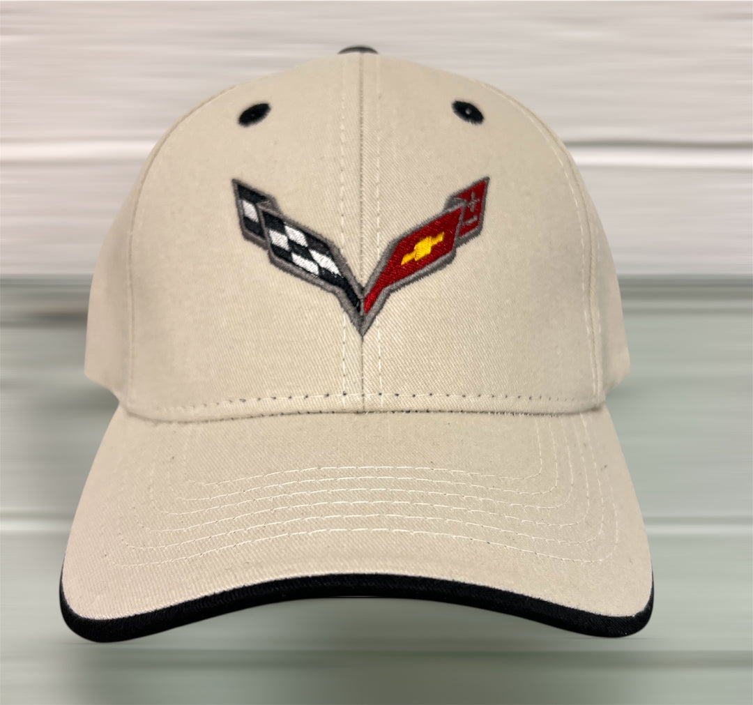 Khaki C7 Corvette Heritage hat featuring embroidered Corvette logo, casual adjustable baseball cap for Corvette enthusiasts