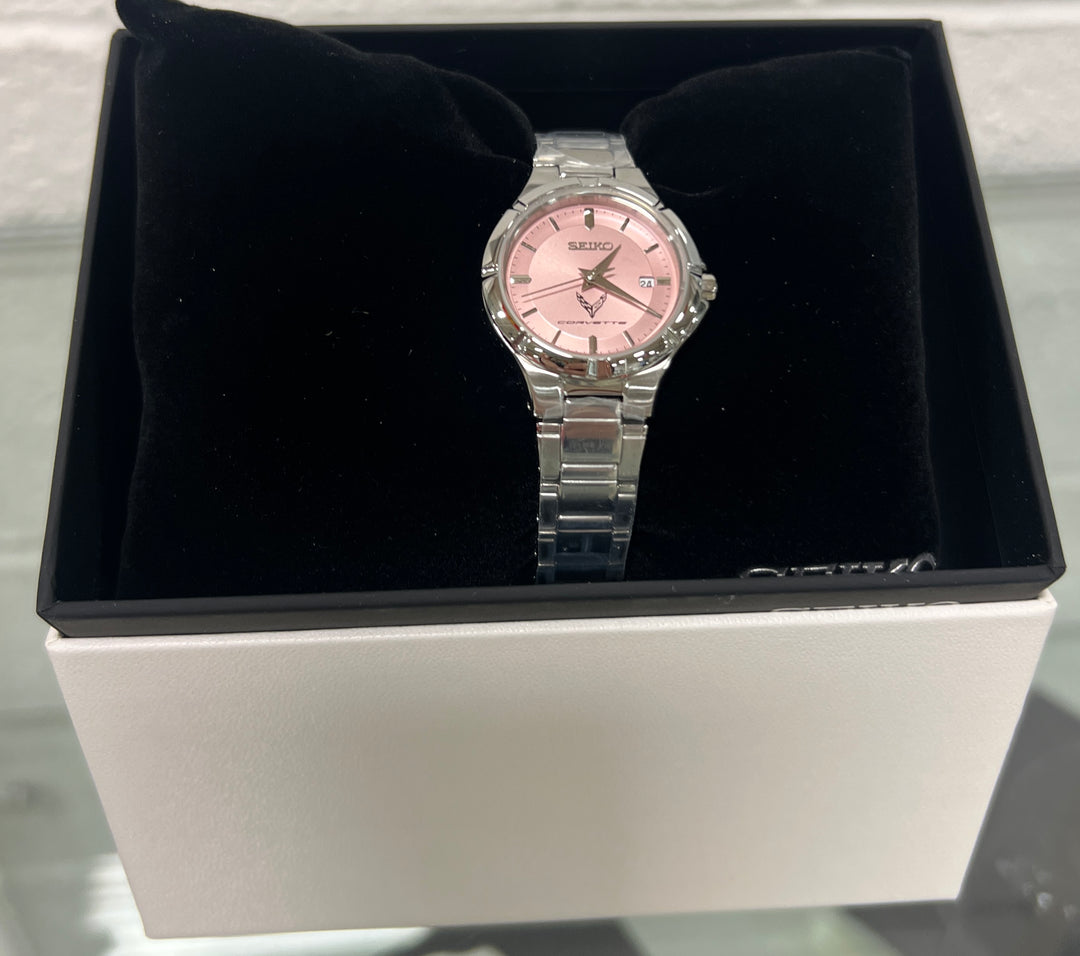 Pink Seiko watch for ladies featuring a C8 Corvette design by Team Lingenfelter, with a sleek watch face and stylish strap.