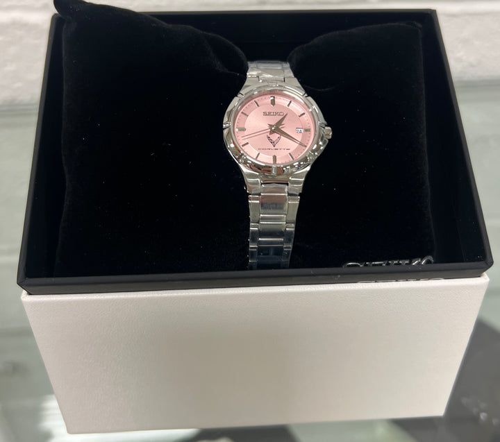 Pink Seiko watch for ladies featuring a C8 Corvette design by Team Lingenfelter, with a sleek watch face and stylish strap.