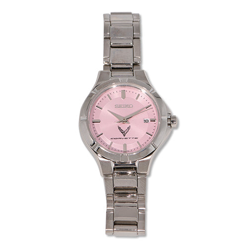 Pink Seiko wristwatch for ladies featuring a C8 Corvette design, crafted by Team Lingenfelter.