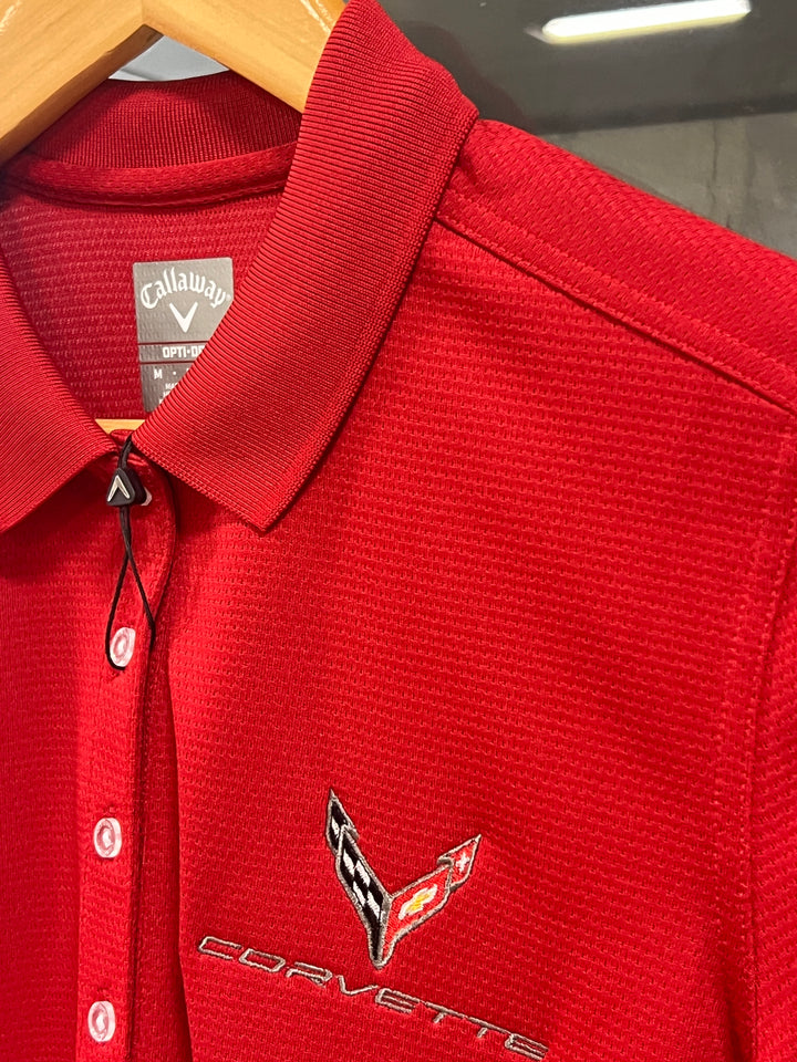 Red C8 Corvette ladies polo shirt by Lingenfelter Race Gear, performance fit, stylish women’s top with Corvette branding.