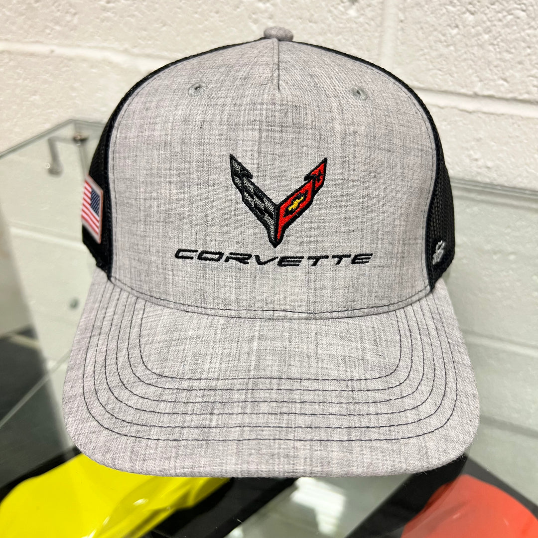 Lingenfelter Race Gear C8 Corvette gray and black mesh hat with embroidered logo, casual sporty headwear for Corvette fans.