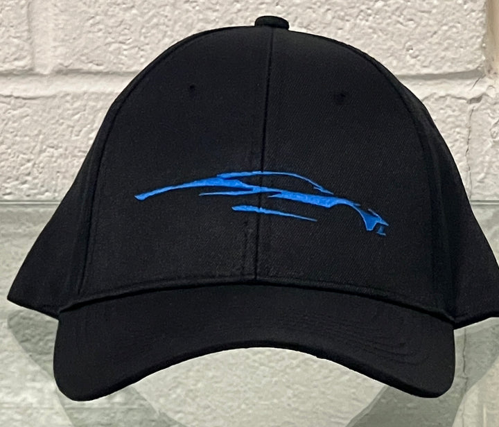 c8 corvette black hat elkhart lake blue logo on white wall background