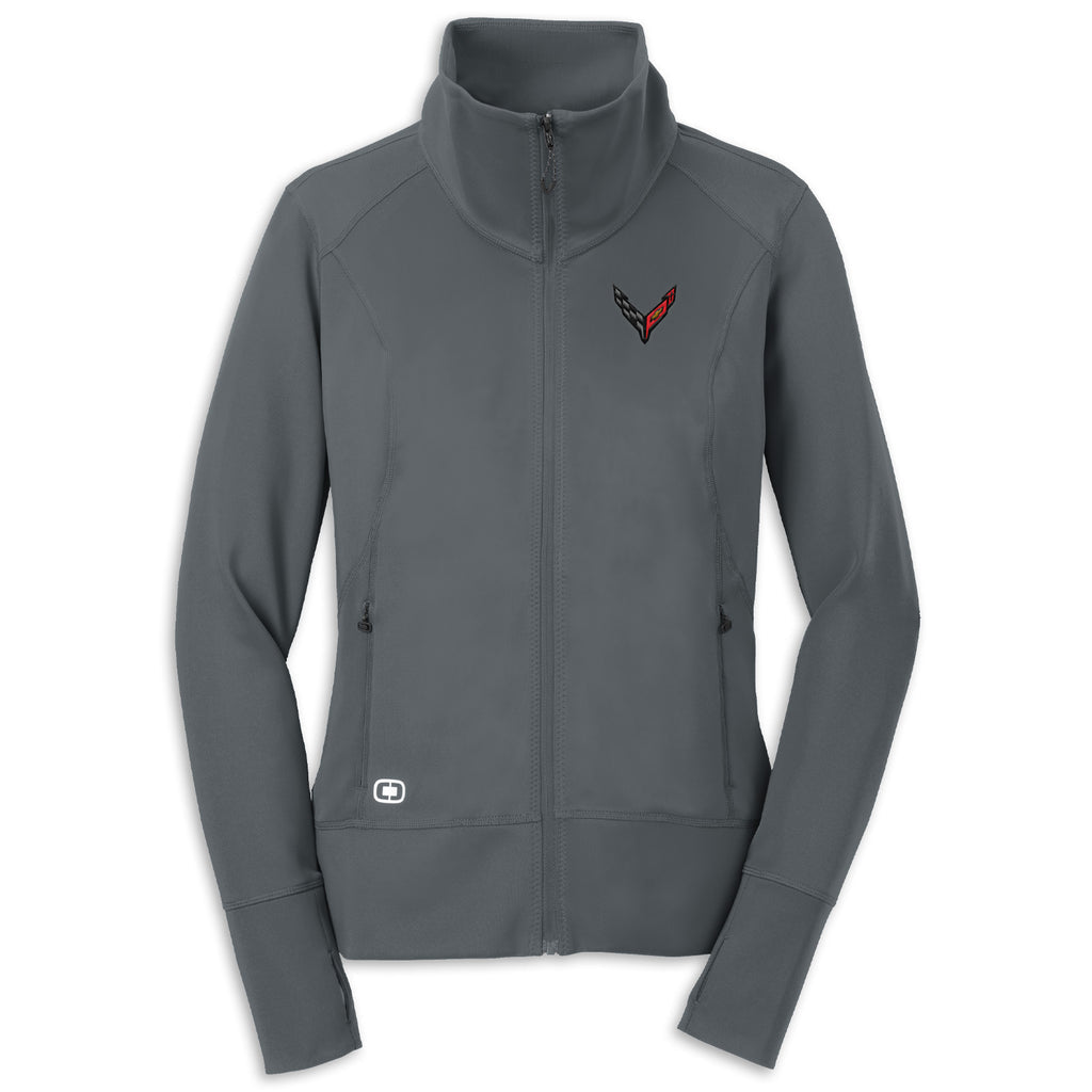 Ladies C8 Corvette OGIO® full-zip fleece jacket in Gear Gray, featuring a comfortable fit and Corvette branding.