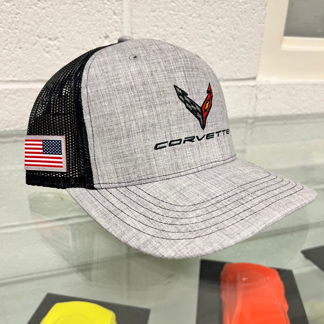 Lingenfelter Race Gear C8 Corvette gray and black mesh hat featuring a curved brim and embroidered Corvette logo.