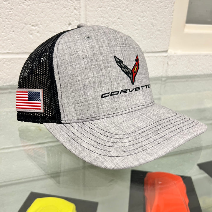 Lingenfelter Race Gear C8 Corvette gray and black mesh hat featuring a curved brim and embroidered Corvette logo.