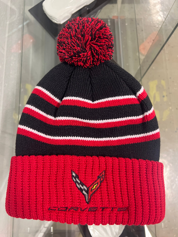 Black, red, and white C8 Corvette knit beanie hat with pom by Lingenfelter Race Gear, featuring Corvette branding and a cozy knit design.