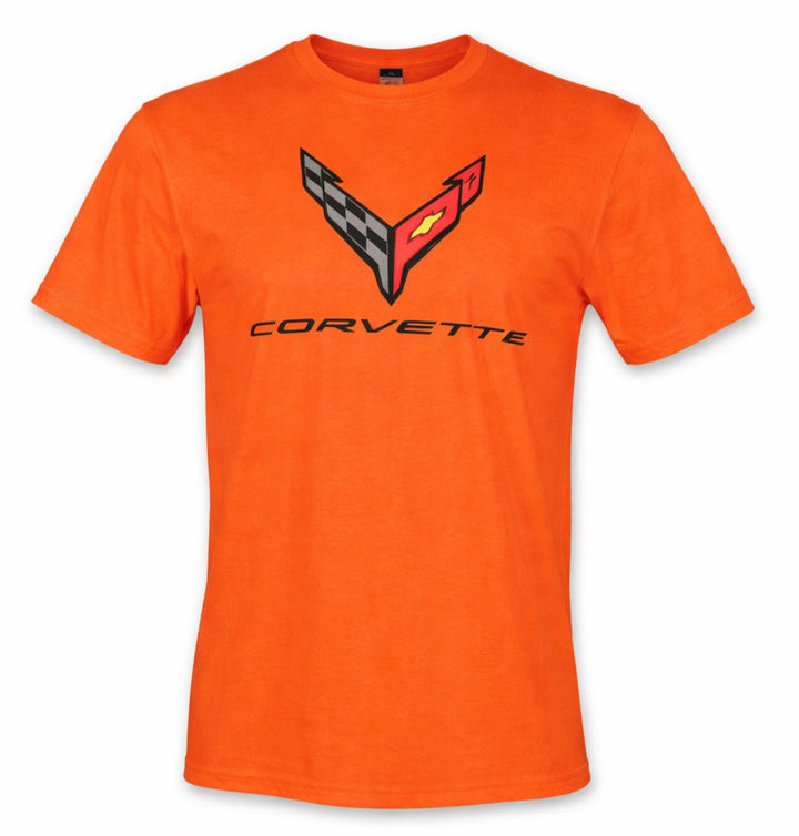 Men's C8 Carbon Flash Orange T-Shirt by Team Lingenfelter, featuring a bold orange Corvette design on soft cotton fabric.