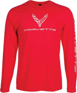 Men’s red long sleeve T-shirt featuring C8 Corvette design by Team Lingenfelter, made of comfortable fabric for casual wear.