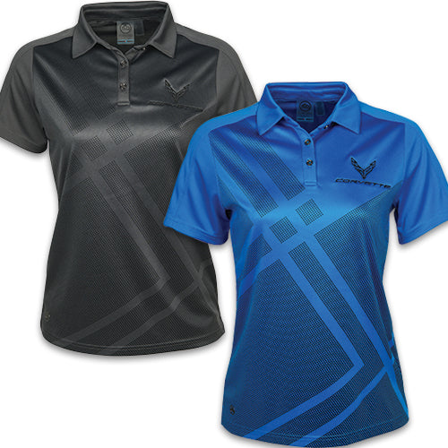 Azure blue ladies polo shirt by Team Lingenfelter featuring a C8 Corvette design, perfect for automotive enthusiasts.