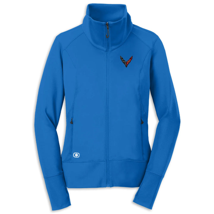 Ladies C8 Corvette electric blue full-zip fleece jacket by Team Lingenfelter, featuring a comfortable fit and Corvette logo details.