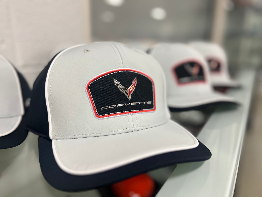 Lingenfelter Race Gear C8 Corvette twill performance hat with embroidered crossed flags Corvette logo.