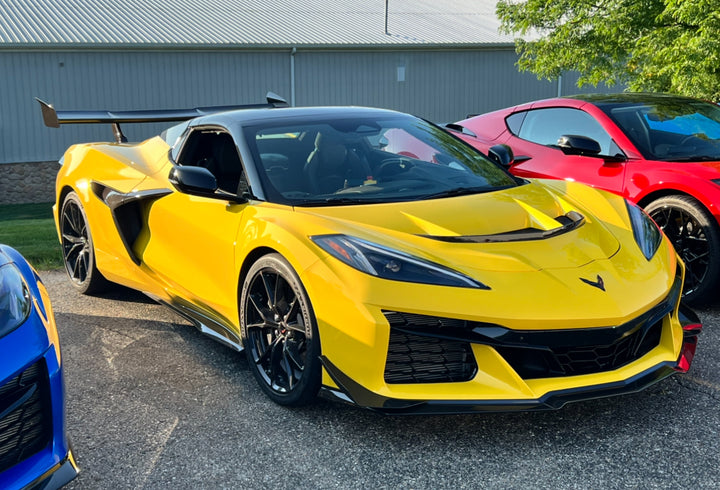 Black and graphite ZR1 Corvette Flexfit trucker hat by Team Lingenfelter with C8 ZR1 Corvette graphic and yellow accents.