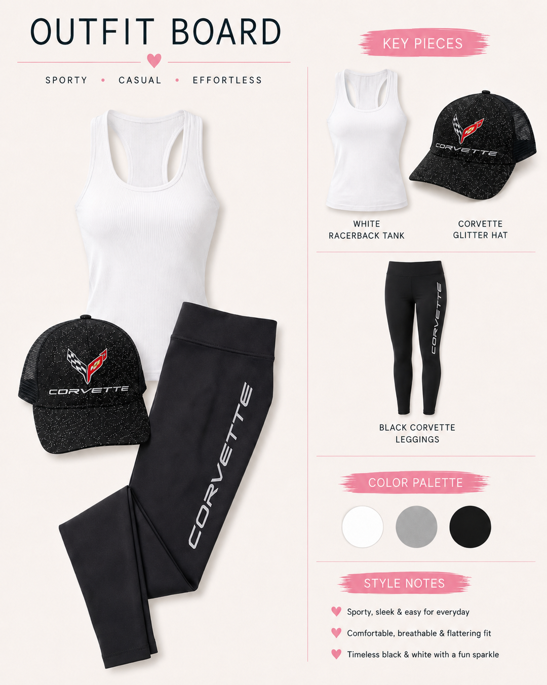 Outfit board with Corvette-themed clothing and accessories on a light background ladies C8 Corvette apparel