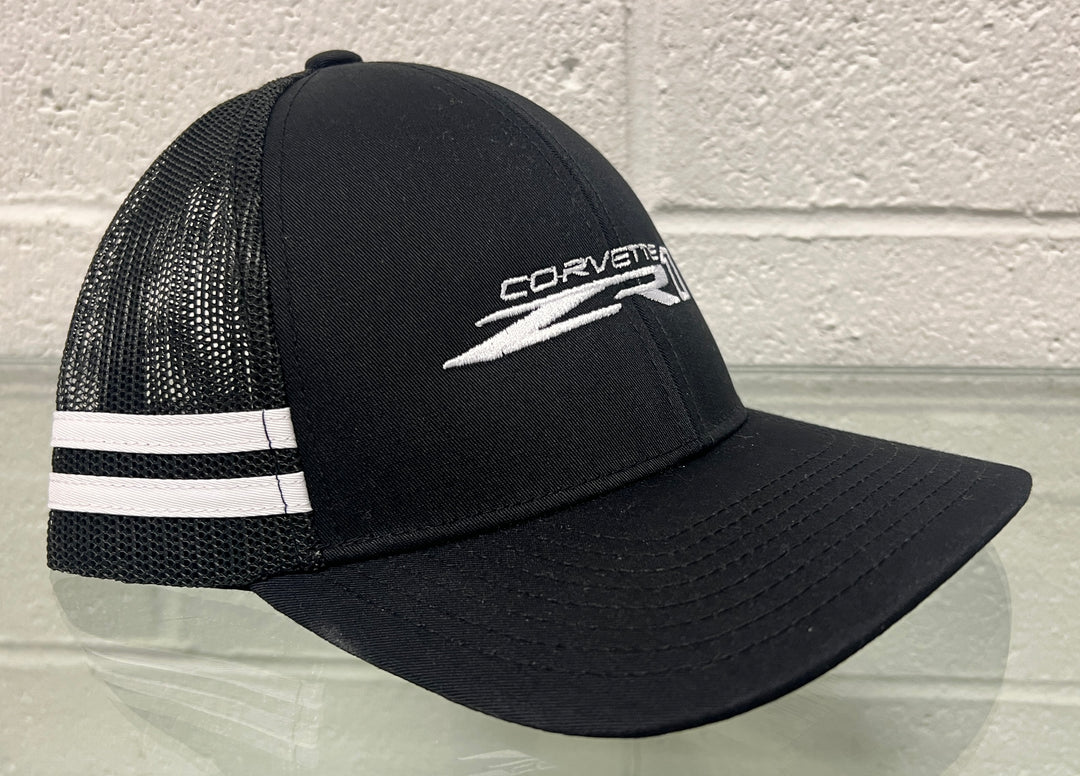 Black and white ZR1 Corvette mesh hat by Lingenfelter Race Gear with embroidered Corvette ZR1 logo and striped design.