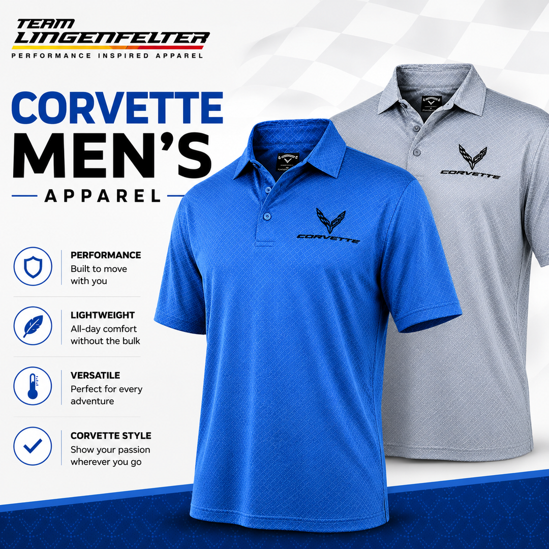 Blue and gray polo shirts with Corvette logo on a white background