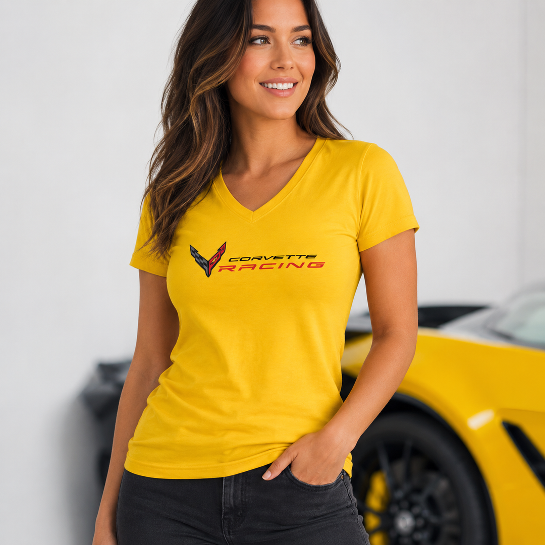 lady wearing yellow v-neck corvette racing shirt at team lingenfelter