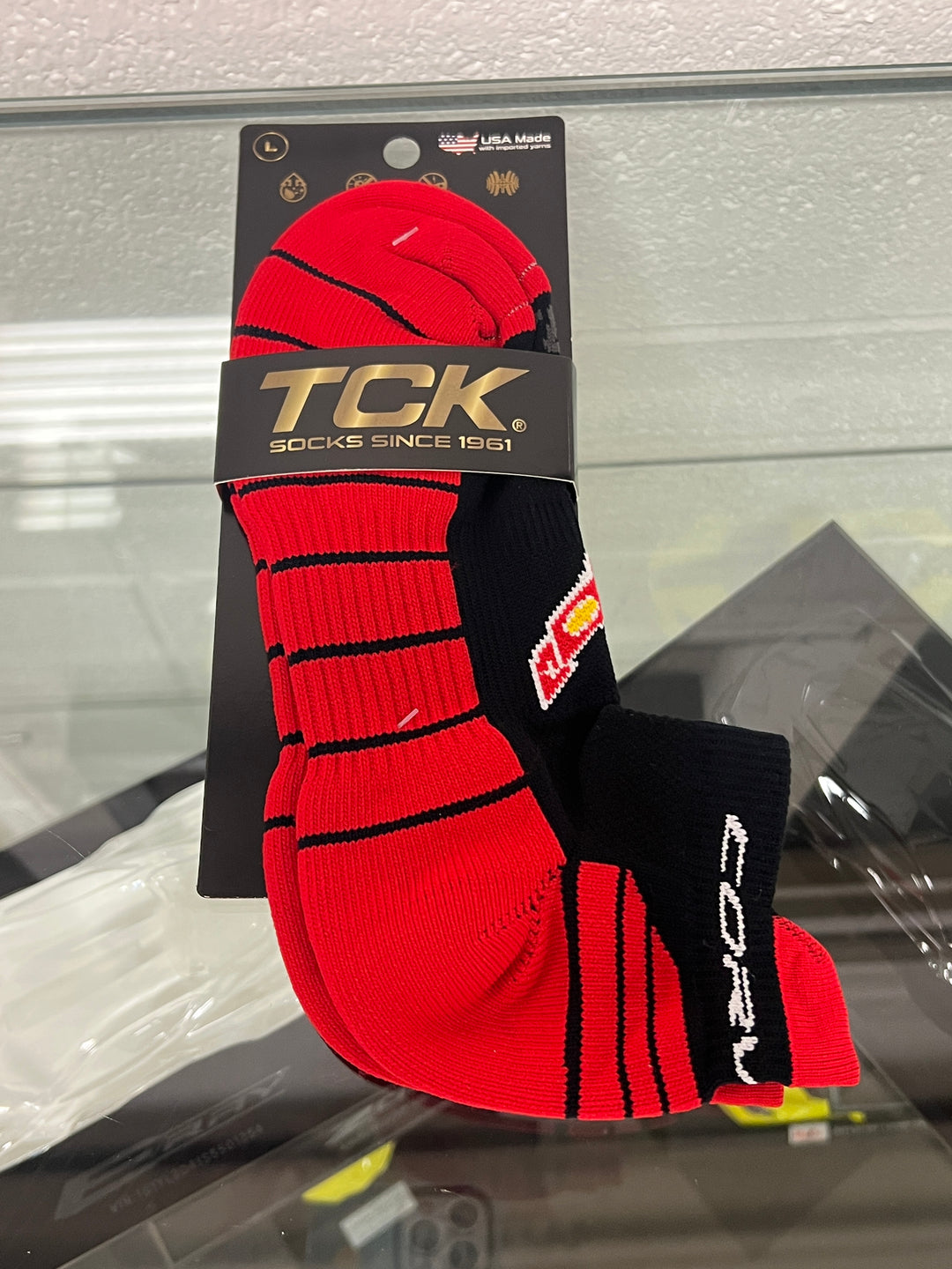 Pair of black C8 Corvette men's ankle socks with Corvette logo, size large, by Team Lingenfelter, featuring sporty design and branding.