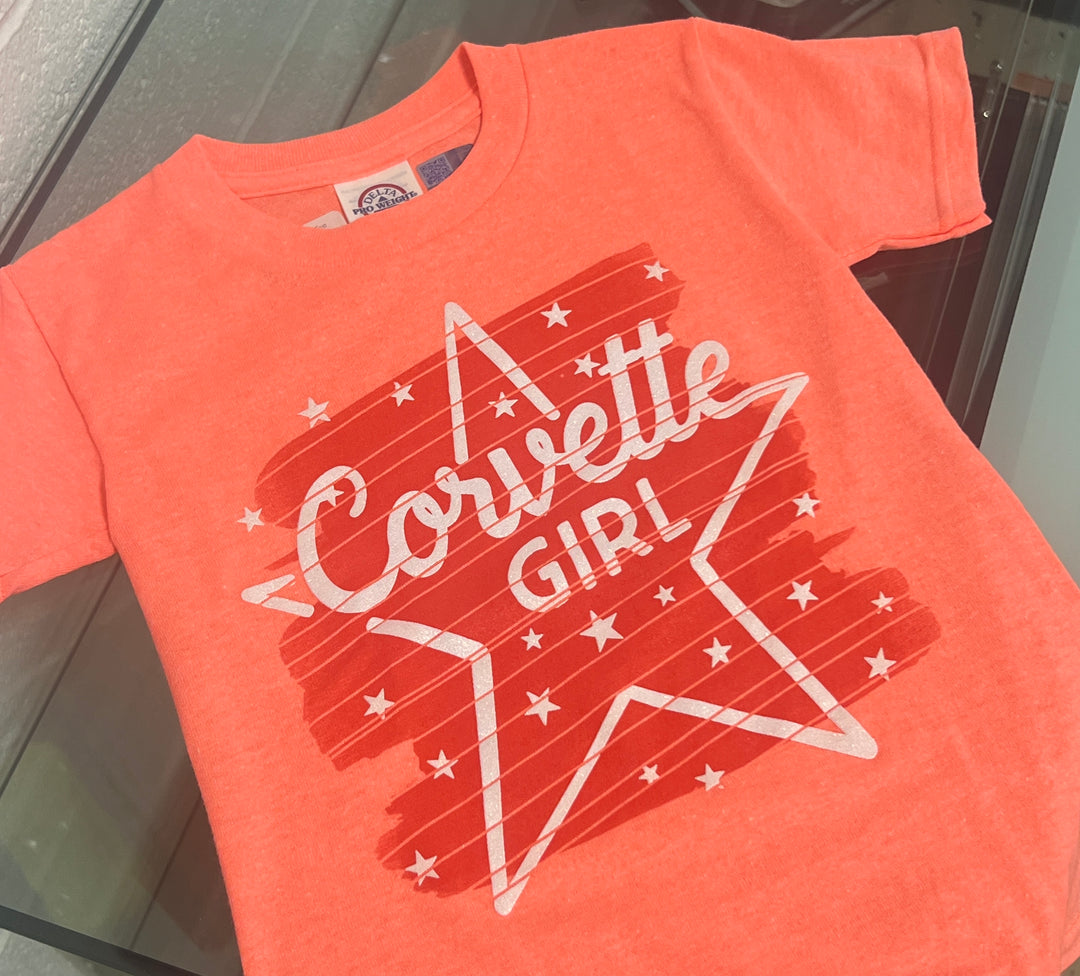 Orange girls' Corvette T-shirt for kids featuring a youth design, made by Official Licensed GM Product, ideal for young Corvette fans.