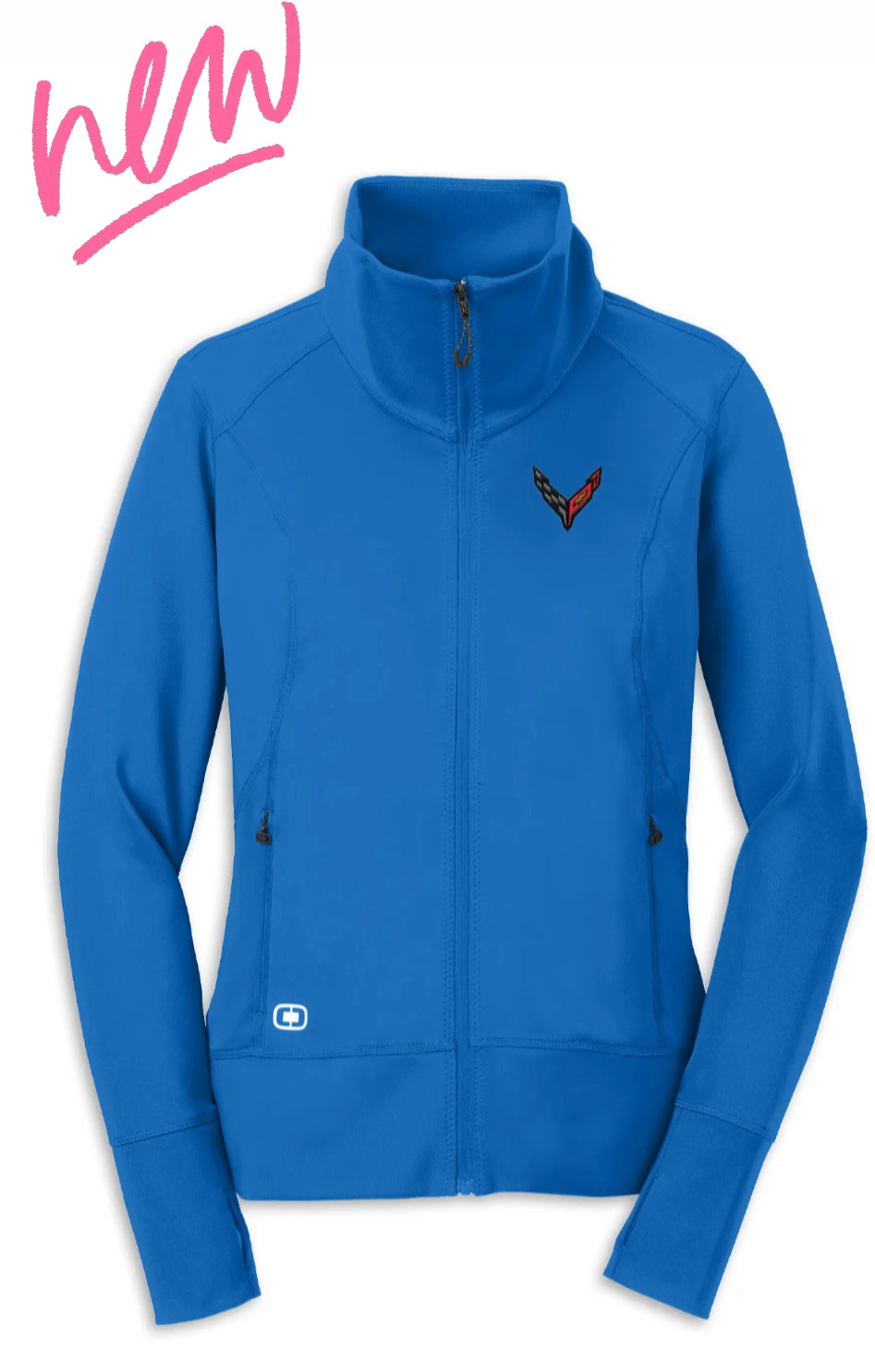 Electric blue C8 Corvette ladies zip jacket by Team Lingenfelter, full-zip fleece with Corvette branding, casual and stylish.
