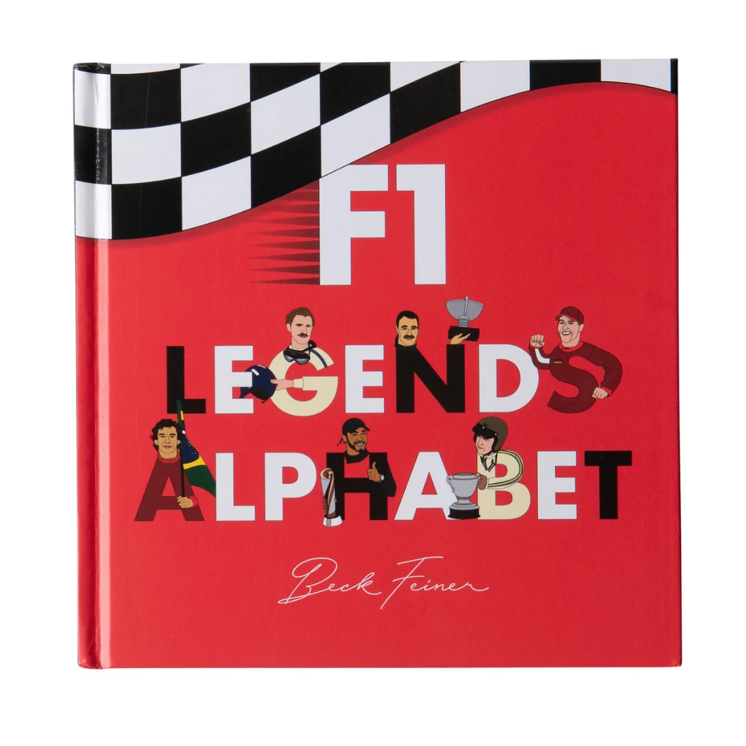 A hardcover book titled 'F1 Legends Alphabet' by Beck Feiner, featuring a bright red cover with a black-and-white checkered stripe at the top and stylized illustrations of F1 drivers in the lettering.