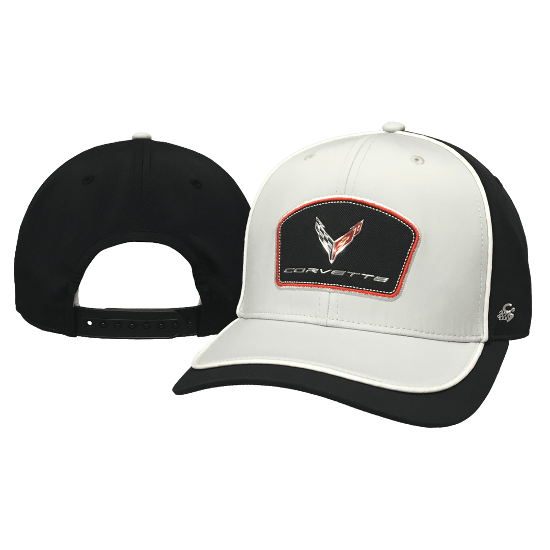Front view of Lingenfelter Race Gear C8 Corvette twill performance baseball hat with embroidered Corvette logo.