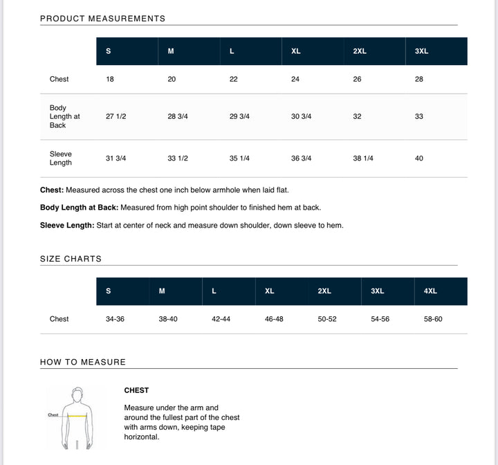 Product measurements chart for clothing sizes S to 4XL with detailed dimensions.