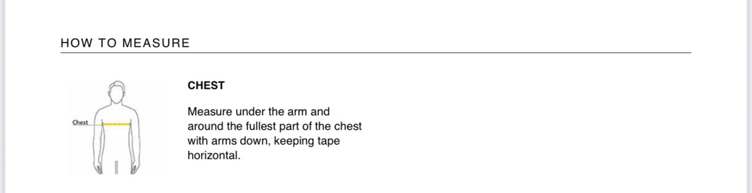 Instructions on how to measure chest size with a diagram of a person wearing a hoodie.