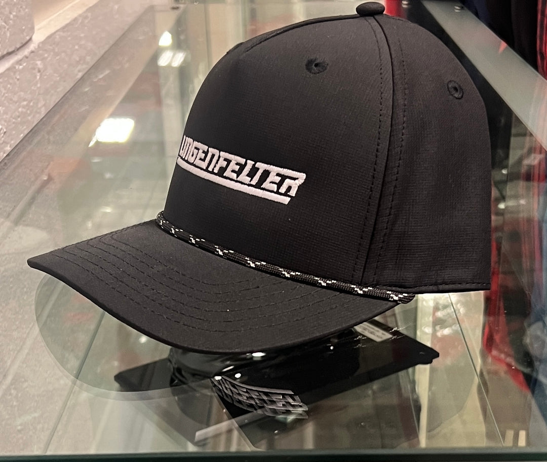 Lingenfelter black and white rope hat with adjustable brim and team logo, stylish cap for casual wear.