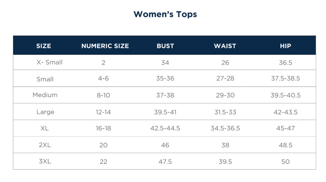 Table of women's top size chart with numeric, bust, waist, and hip measurements.