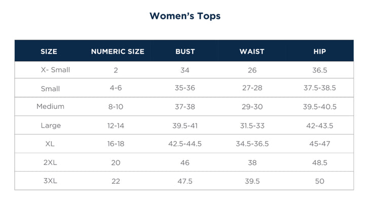 Table of women's top size chart with numeric, bust, waist, and hip measurements.