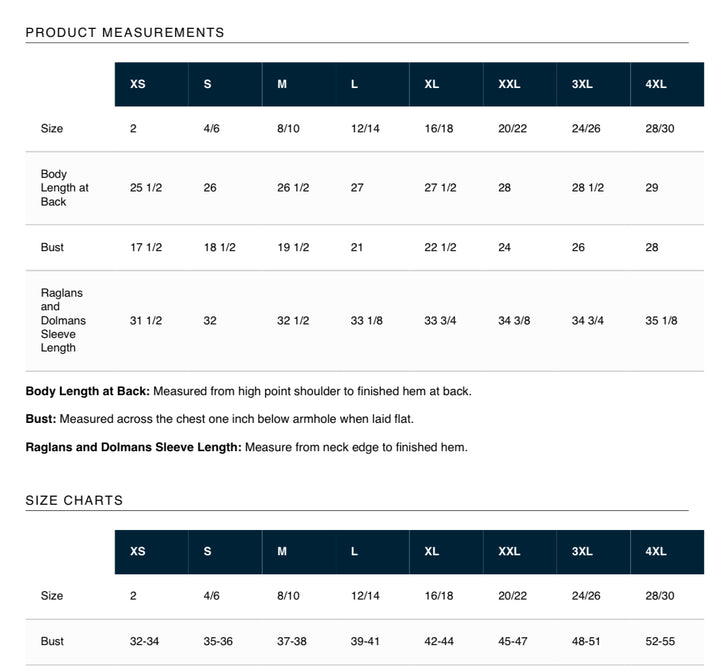 Size chart for clothing measurements with dimensions listed in inches.