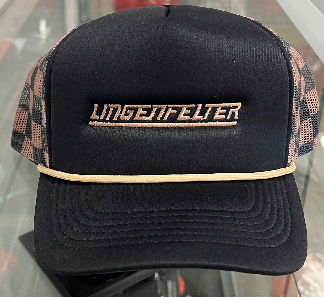 Lingenfelter Race Gear ladies trucker hat featuring a black and brown checkered pattern and mesh back for ventilation.