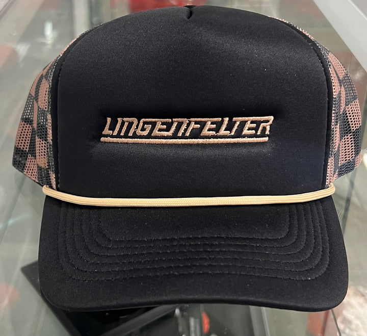 Lingenfelter Race Gear ladies trucker hat featuring a black and brown checkered pattern and mesh back for ventilation.