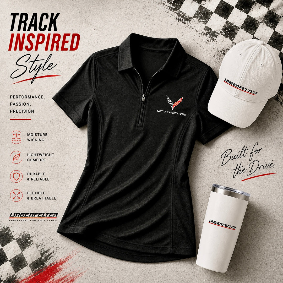 C8 corvette ladies apparel.  C9 corvette ladies black polo shirt at team lingenfelter
