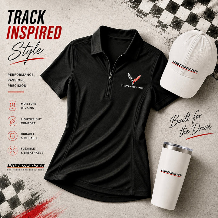 C8 corvette ladies apparel.  C9 corvette ladies black polo shirt at team lingenfelter