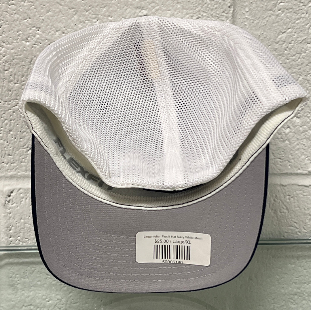 Gray back cap with white mesh back on a textured surface.  Front Navy