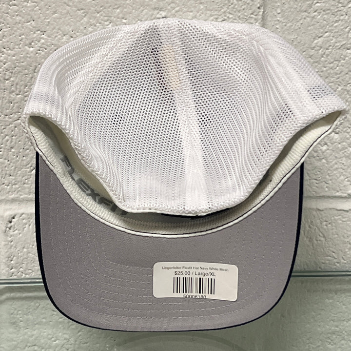 Gray back cap with white mesh back on a textured surface.  Front Navy
