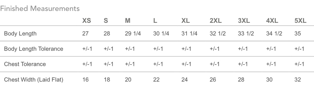 Measurement chart for clothing sizes with body length and chest dimensions.