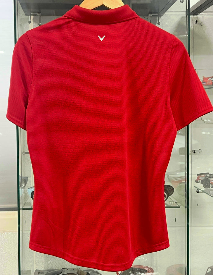 Red C8 Corvette ladies polo shirt by Lingenfelter Race Gear, performance fit, women's clothing top with a classic collar and embroidered logo.