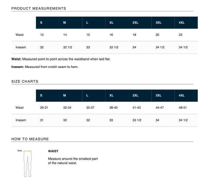 Size chart for pants with waist and inseam measurements.