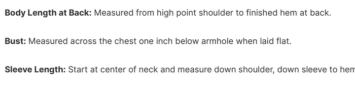 Measurement guide text for body length, bust, and sleeve length on a plain background