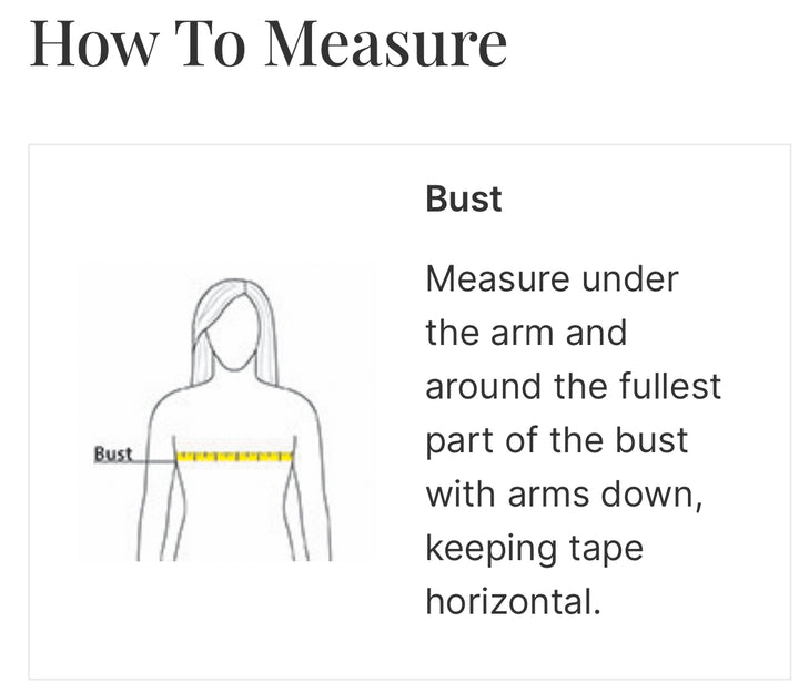 Diagram showing how to measure bust with text instructions.