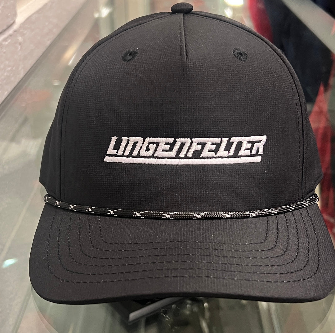 Lingenfelter Black Hat with Rope in black and white, casual baseball cap featuring the Team Lingenfelter logo.