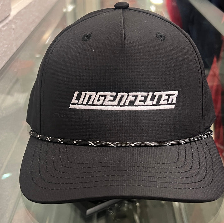 Lingenfelter Black Hat with Rope in black and white, casual baseball cap featuring the Team Lingenfelter logo.